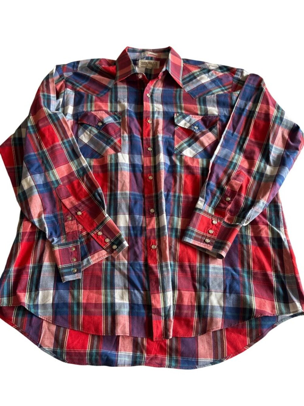Sheplers Western Plaid Snap Button Shirt Size XL Red Blue Cotton Blend Rodeo